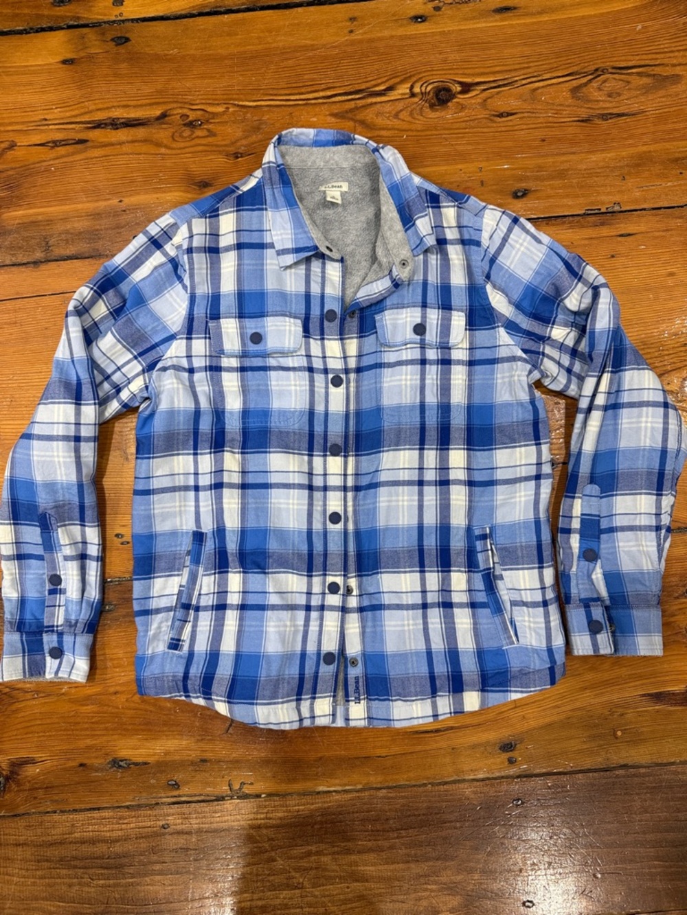L.L.Bean Blue Plaid Shacket Fleece Button Down Shirt with Gray Sherpa Size Small